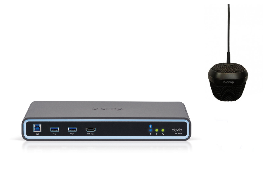 Микрофон с аудиопроцессором BIAMP [DevioSCR-25C(Black)] В комплекте:аудиопроцессор(хаб)SCR-25(Bluetooth) 1шт. +подвесной микрофон DCM-1 1 шт:технология Beamtracking;3 зоны по 120°;3хLED mute индикаторы; 2хRJ45(доп.DСM-1 по daisy-chain-max.2 мик.).Чёрный