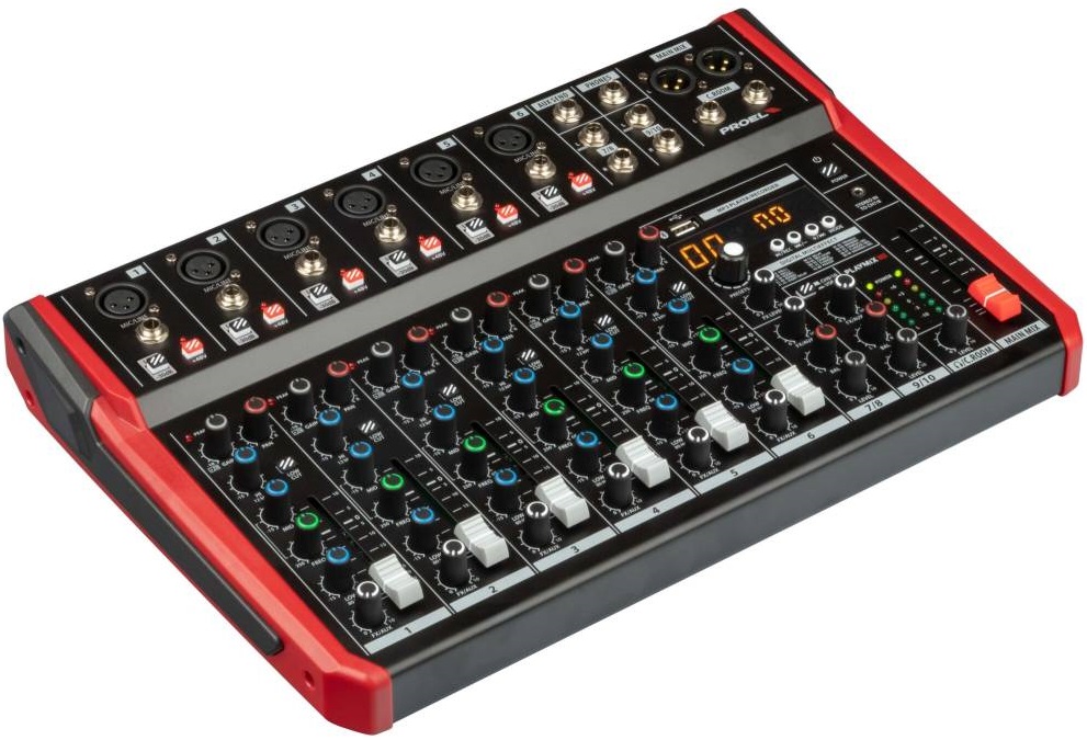 Микшерный пульт PROEL [PLAYMIX10] 10-ти канальный, 24 бит/48 кГц DSP, Bluetooth, медиа-плеер, 6x XLR+1/4" TRS микр./лин. входа, 2х 1/4" TRS (L/R) стерео лин. входа, 2x XLR Main вых., 2x 1/4" TRS вых. для мониторов, USB аудио интерфейс, 2x USB-A порта